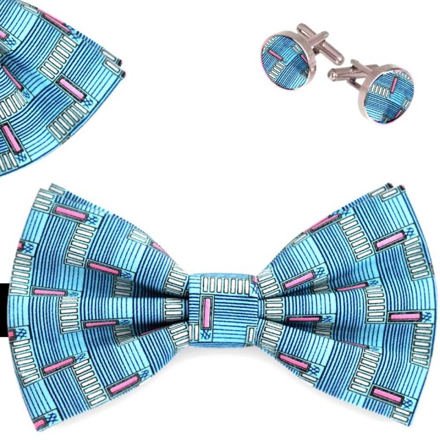 Set papion barbati, batista, butoni, albastru ceruleum, imprimeuri stil futurist